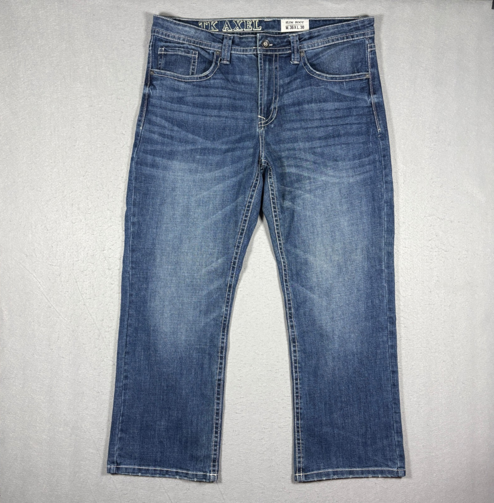 TK Axel Jeans Men's Size 36x30 Blue Stretch Denim Slim Boot Jeans Distressed